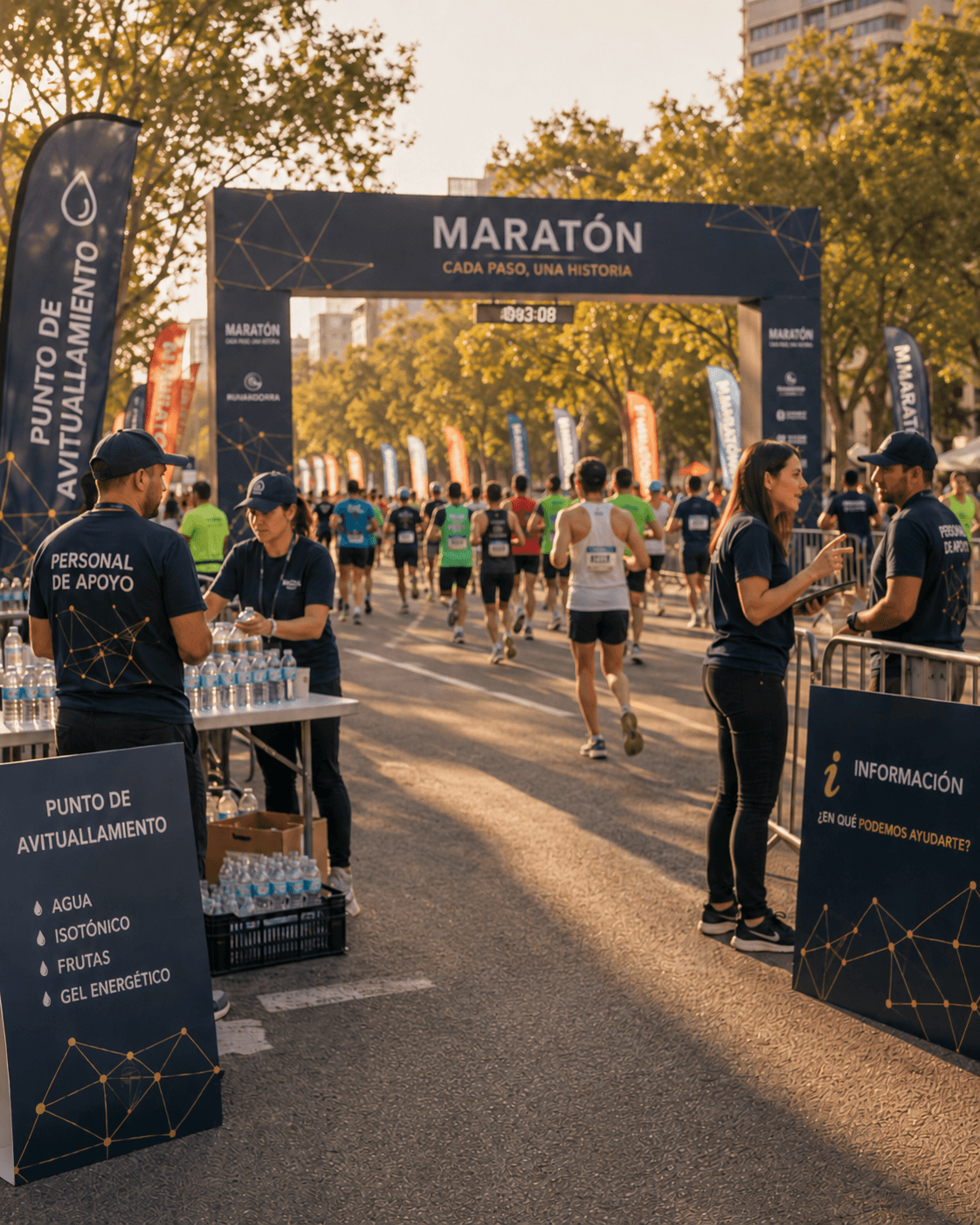 Personal de apoyo atendiendo un punto de avituallamiento durante una carrera